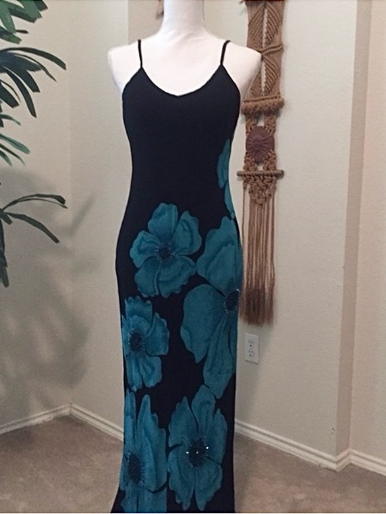 dressbarn Dresses & Skirts - Vintage Y2K Dressbarn Blue Black Floral Beaded Maxi Dress L Whimsigoth Fairy